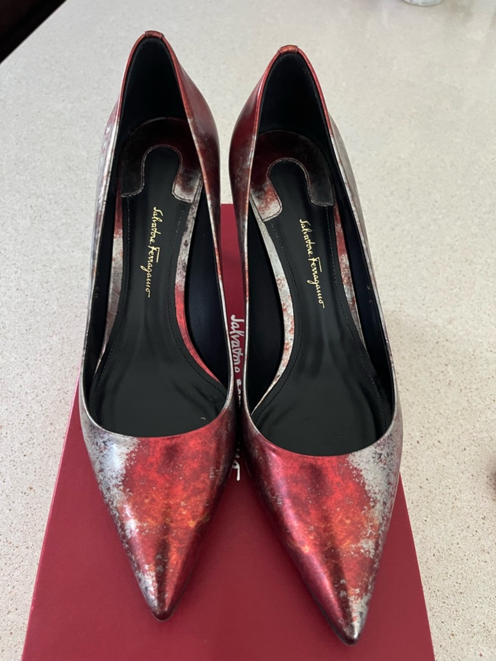 Salvatore Ferragamo Red Metallic Pointed-Toe Pumps with Silver Accents
